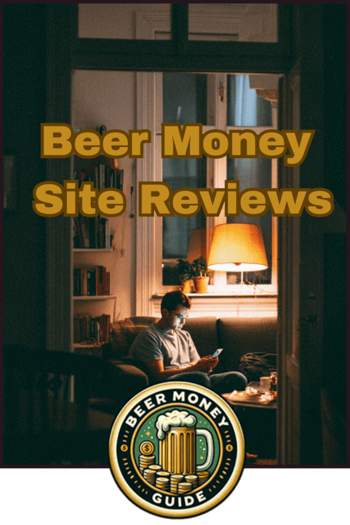 A man sits on a couch using a laptop in a warmly lit room, with "Beer Money Site Reviews" text and the "Beer Money Guide" logo below, exploring the best beer money sites through detailed gpt site comparisons.