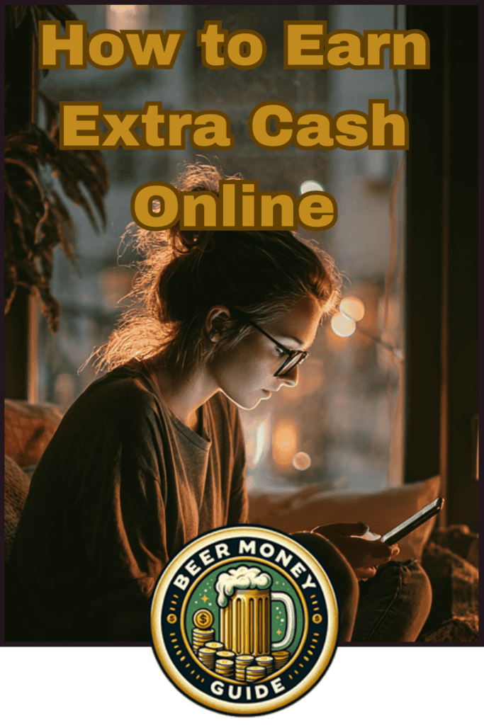 A woman sitting indoors, using a tablet, with the text "How to Earn Extra Cash Online," highlighting tips on how to start earning online and featuring a "Beer Money Guide" logo with a beer mug.