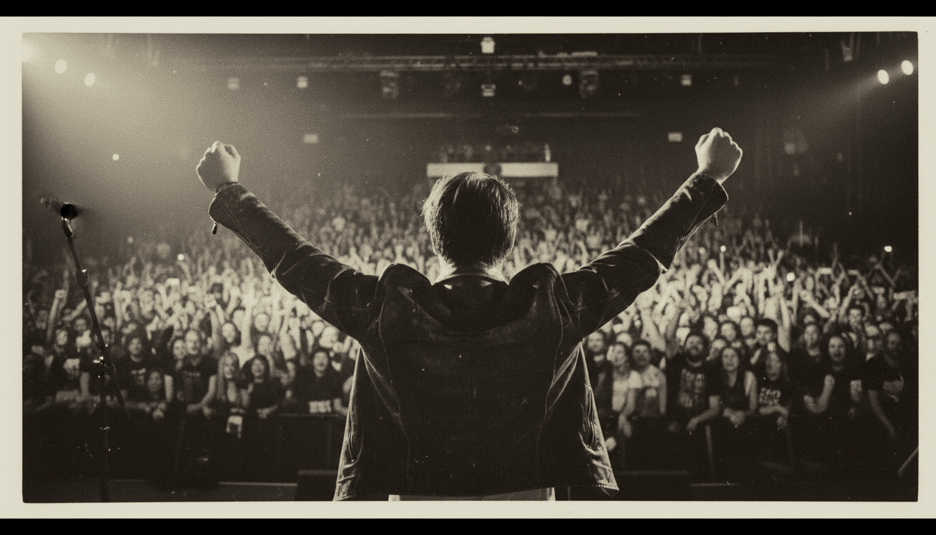 a musical performer with raised hands after a song, with a cheering audience proving he's worth listening to after experimenting with AI