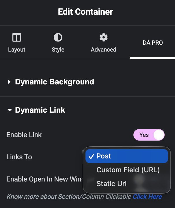 Elementor Container settings panel with the DA PRO tab open,
showing the Dynamic Link section expanded