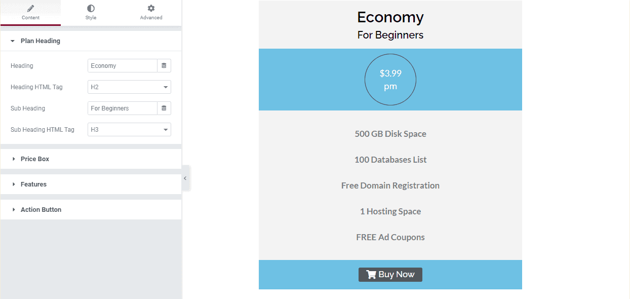 Price Table In Elementor: Plan Heading