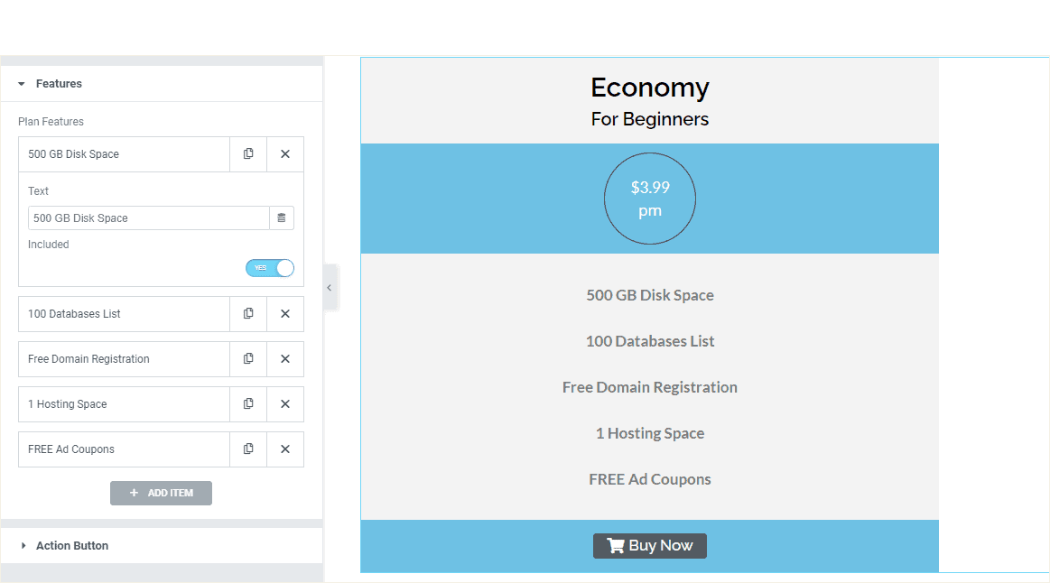 Price Table Features Settings