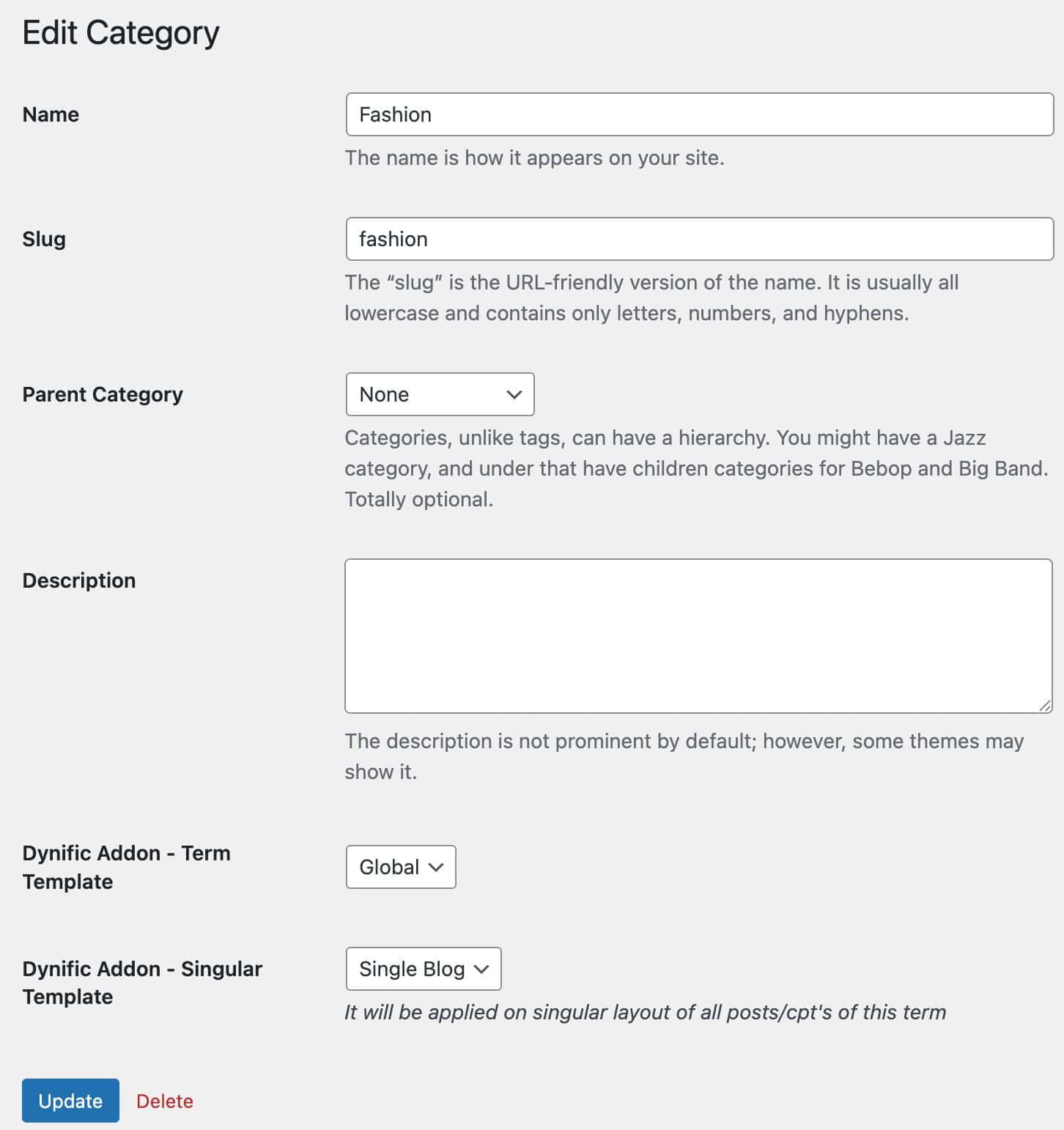 Single Post Template - Category Edit Form