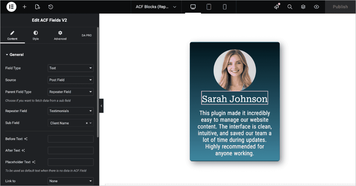 Designing the repeater block layout template in Elementor using Dynific Addons