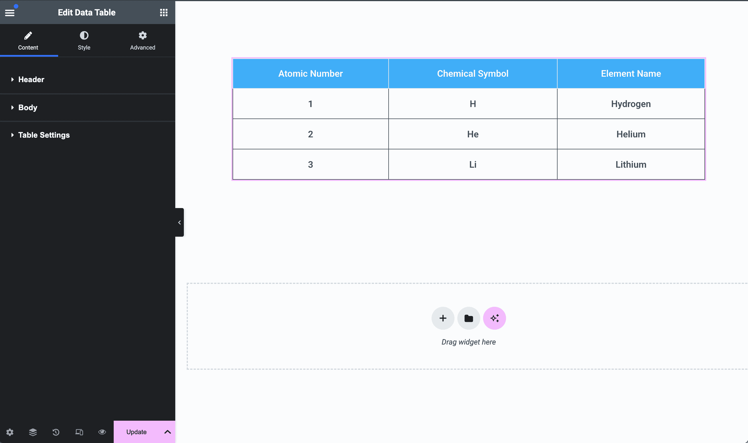 Data Table Widget Default Layout