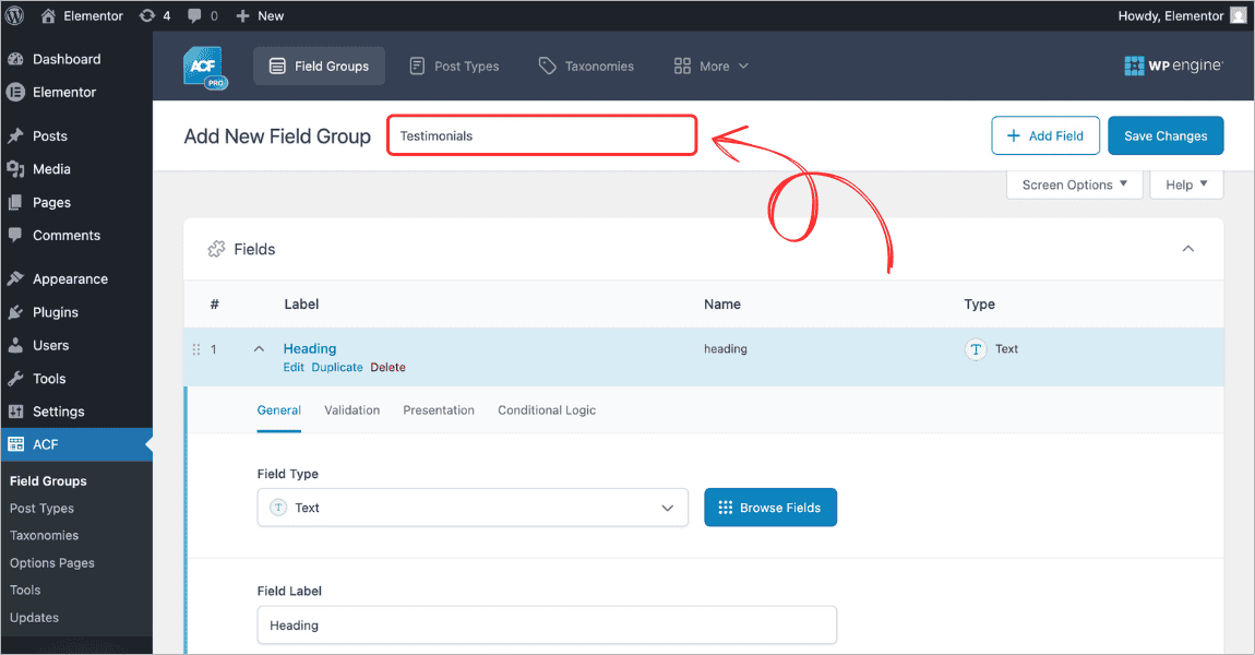 Creating a new field group in ACF Pro