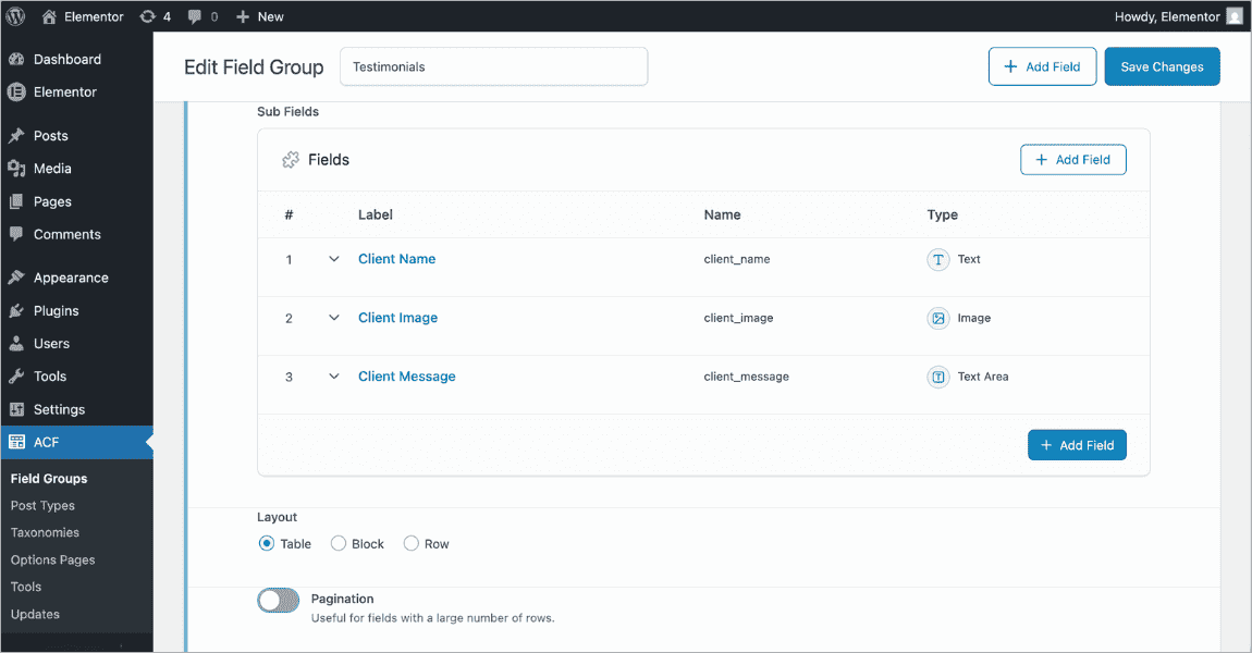 Three subfields added inside the ACF Repeater field