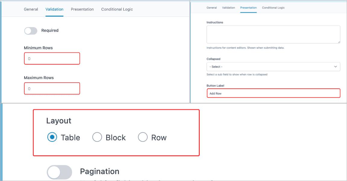 ACF Repeater field settings: layout, row limits, and button label