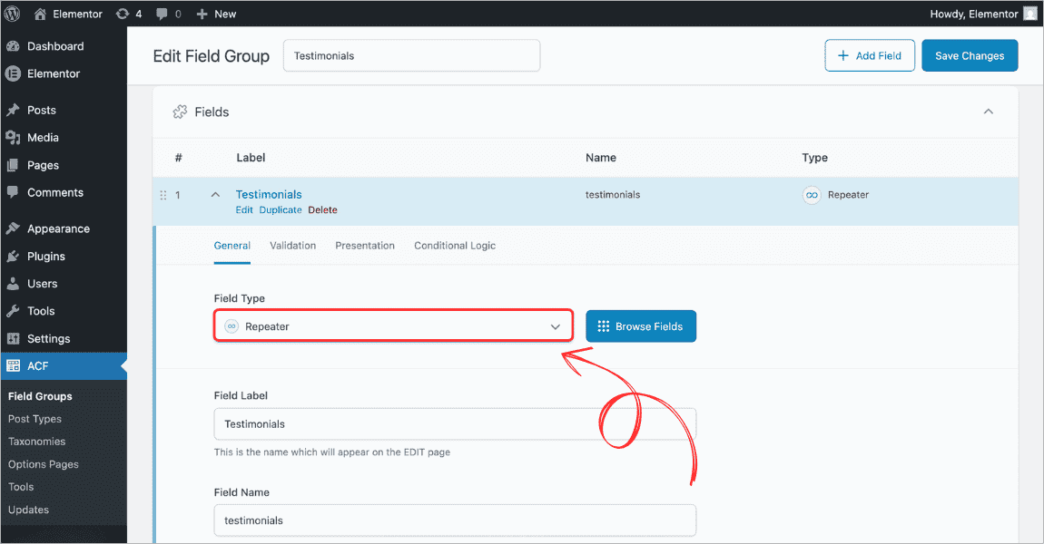 Setting the Field Type to Repeater in ACF Pro