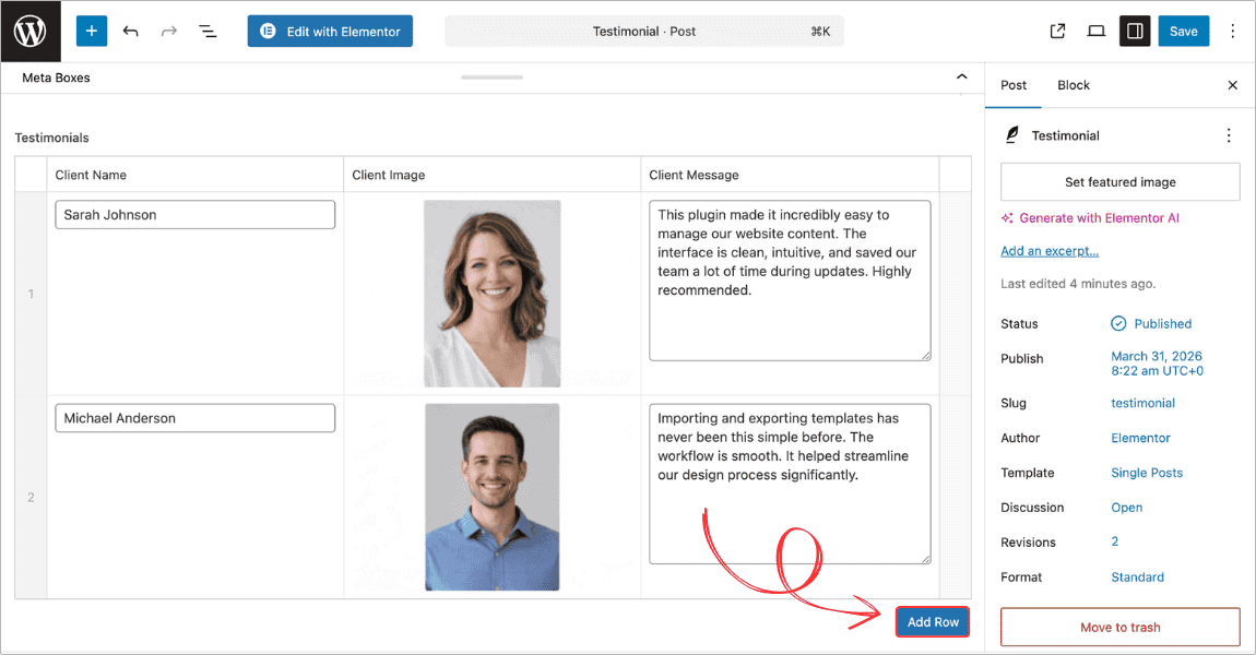 Populating ACF Repeater field data in the WordPress admin with two testimonial rows