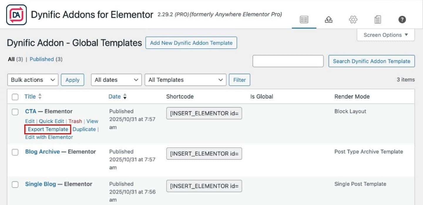 Export Single Dynific Addons for Elementor Templates