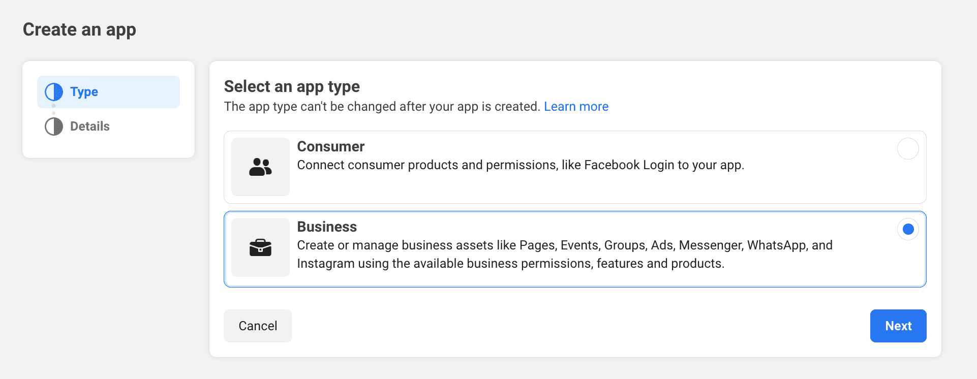 Meta For Developers Account: Select Business as App Type