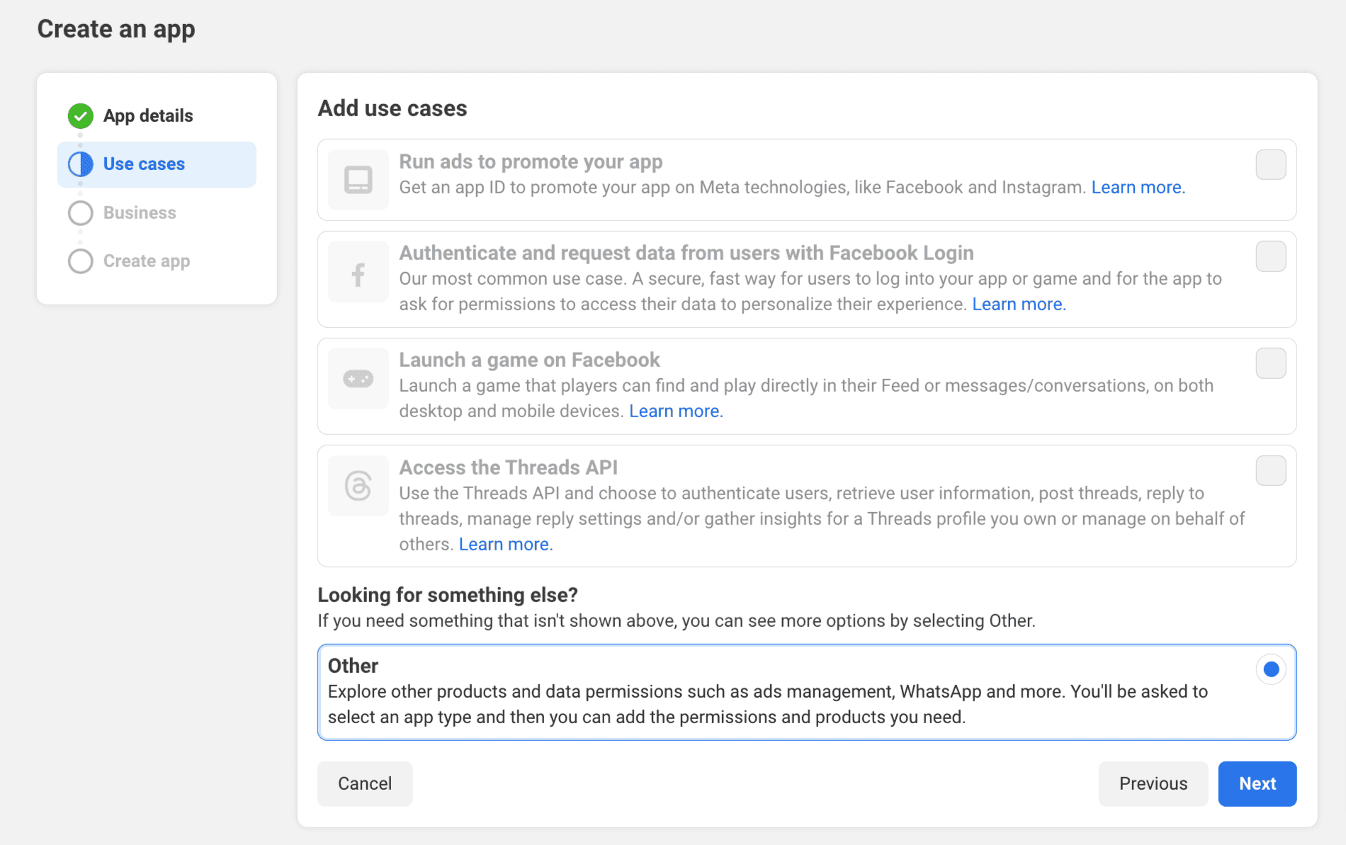 Meta For Developers Account: Select Others as Use Case