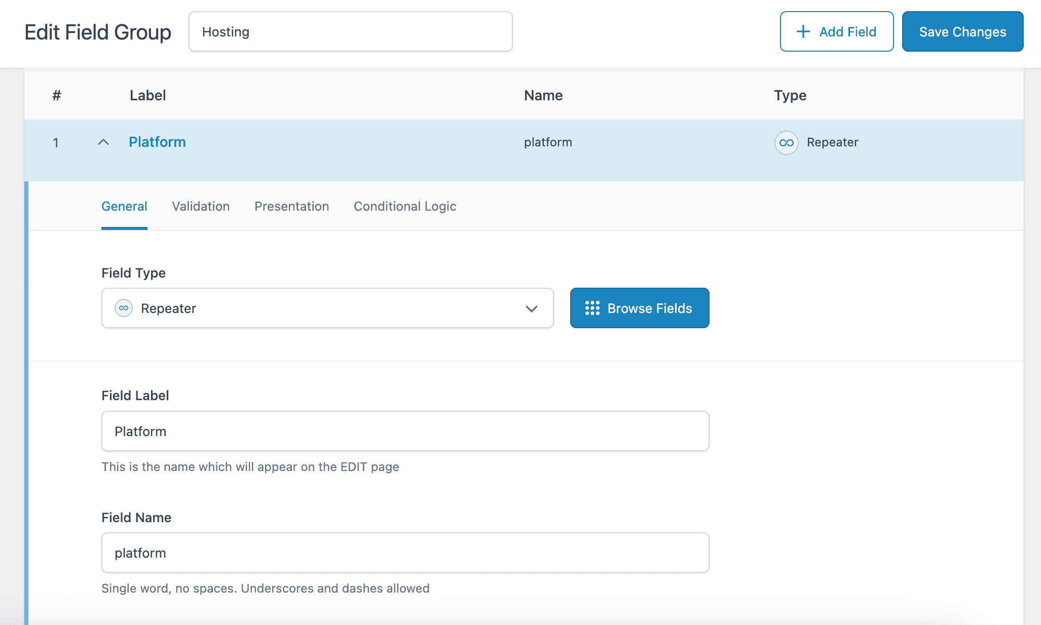 ACF: Creating Repeater Field