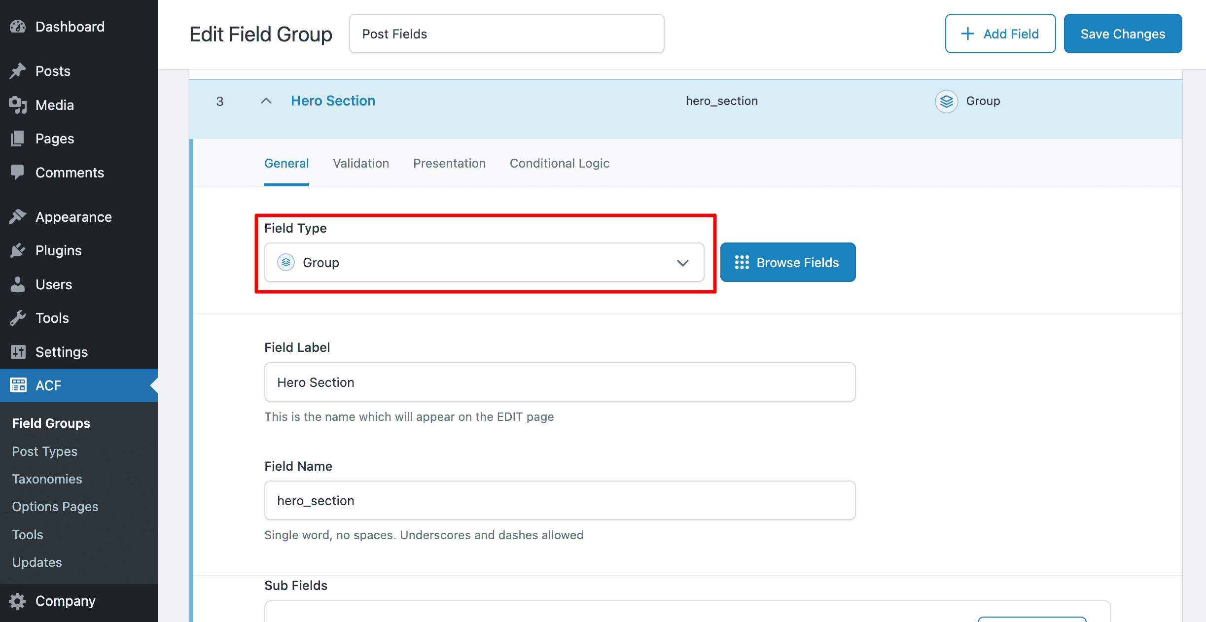 ACF: Creating Group Field