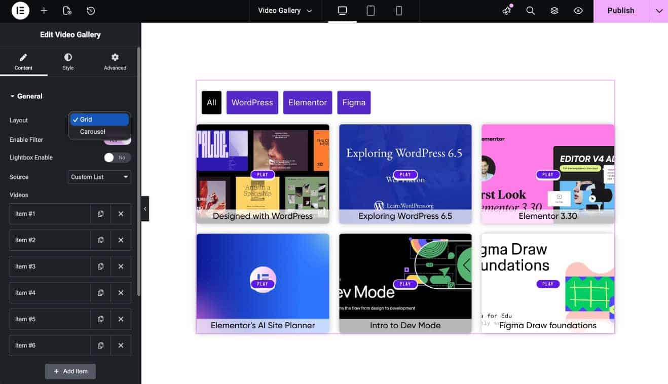 Addon Elements Video Gallery widget in Elementor editor
showing a Grid layout with category filter tabs