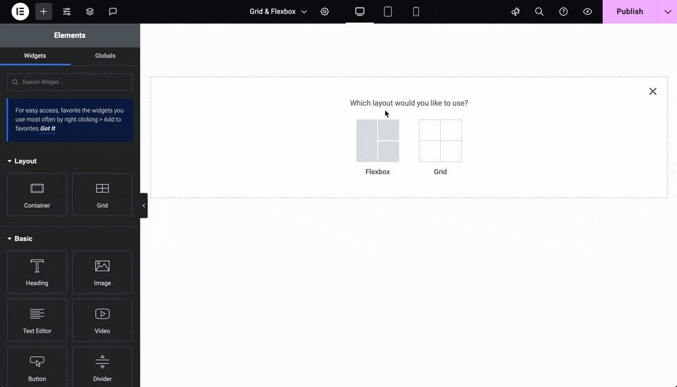 Add Container Using Plus Button in Elementor