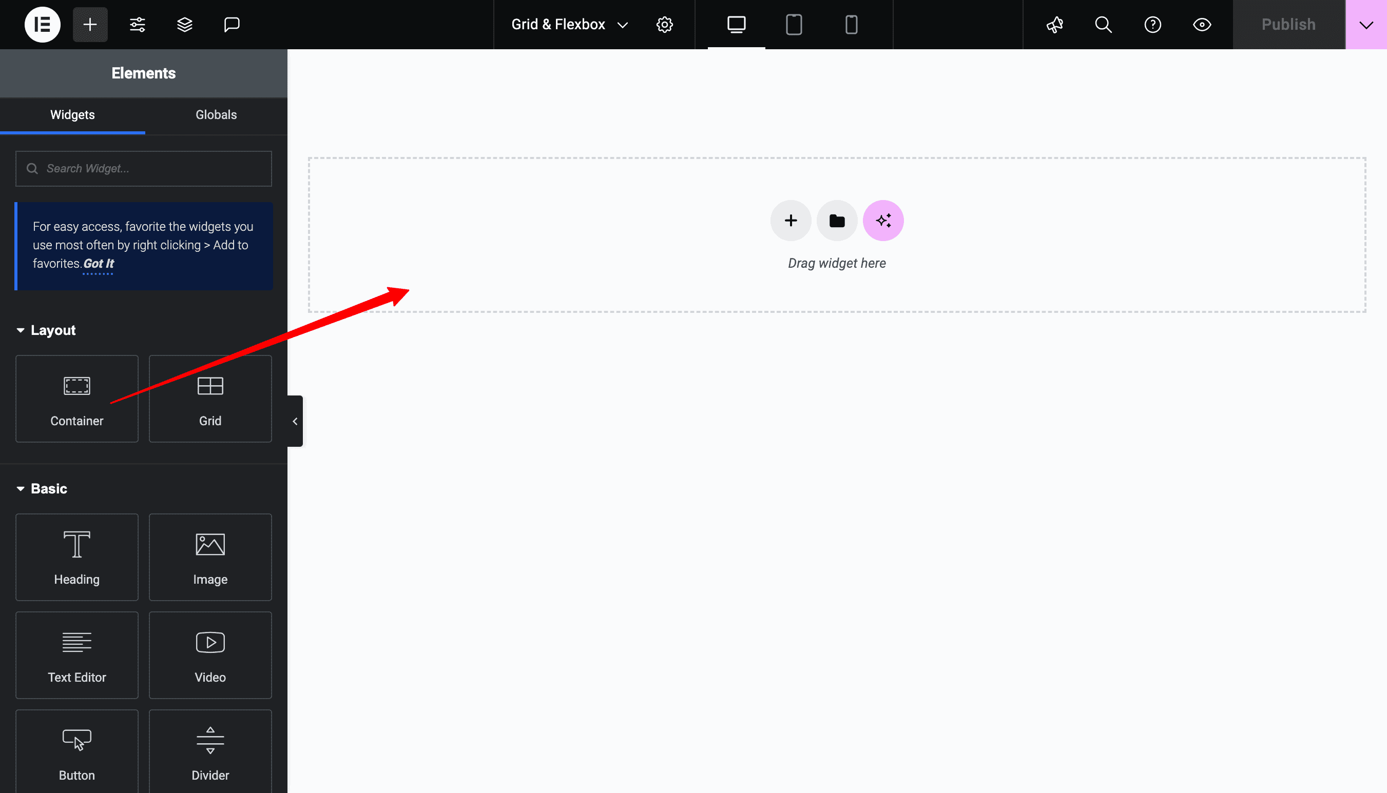 Adding Container in Elementor Website