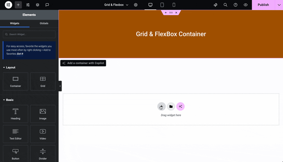 Add Grid Container in Elementor Website