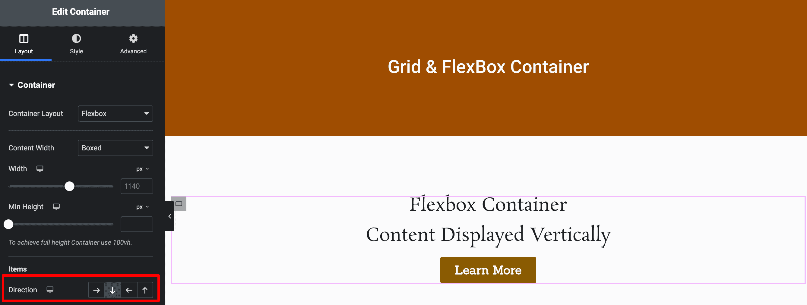 Elementor Flexbox: Display Content in Column(Vertical) Direction