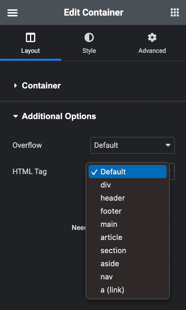 HTML5 Semantic Elements in Elementor