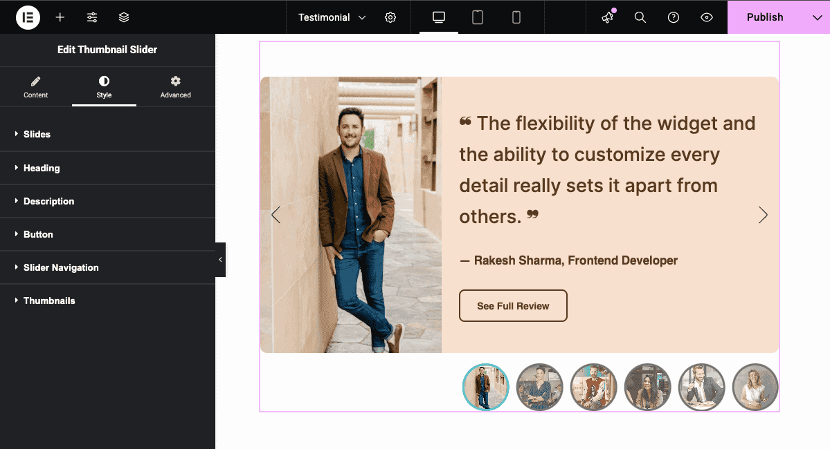 Style Your Testimonials Thumbnail Slider in Elementor