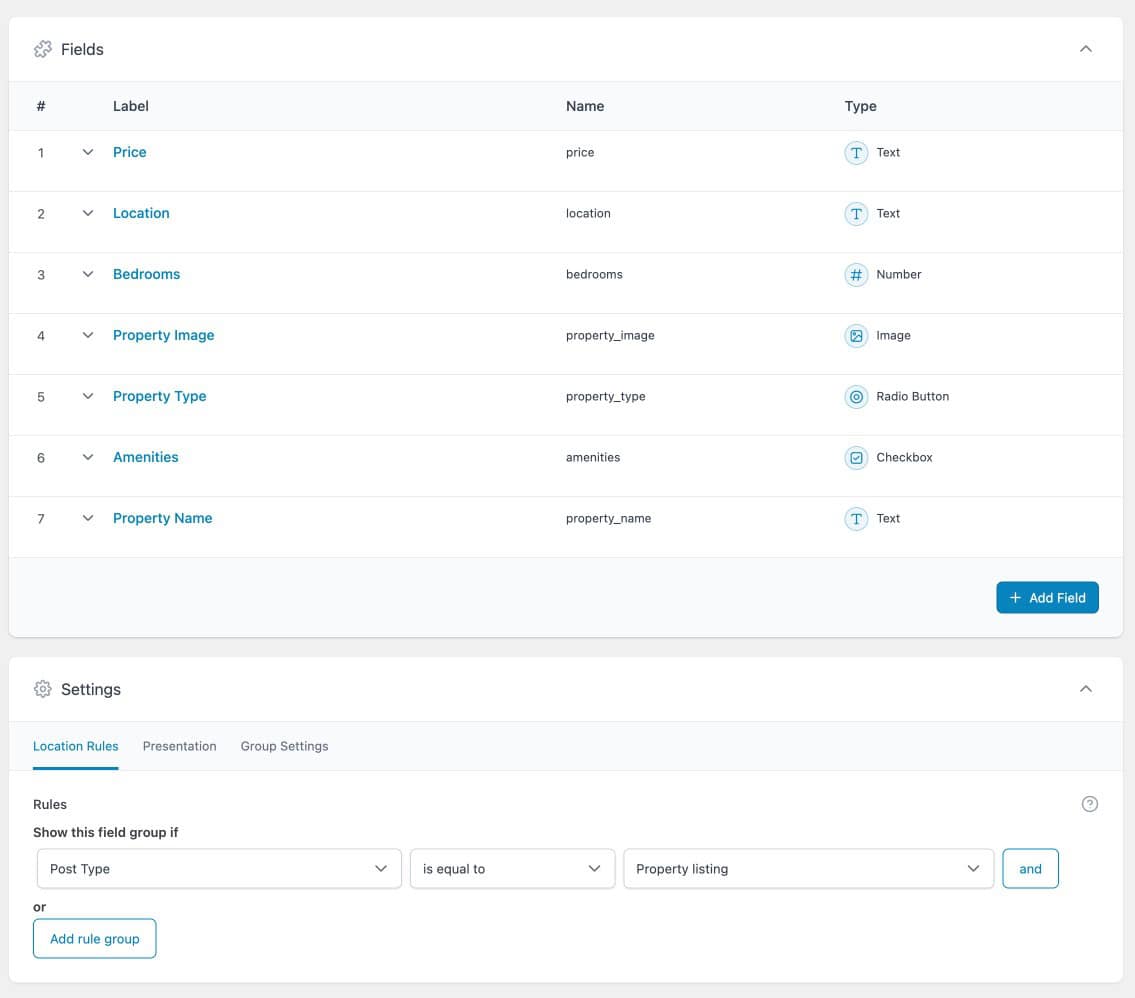 ACF Field Groups editor showing
Property Listing fields and location
rule