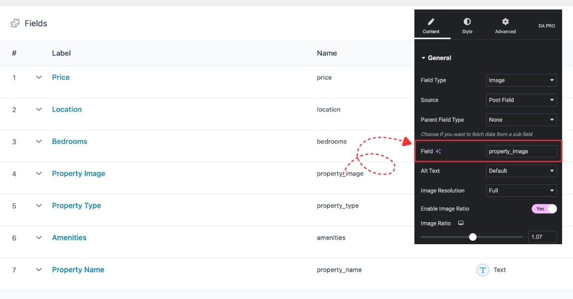 DA ACF Fields V2 widget settings panel showing Field Name