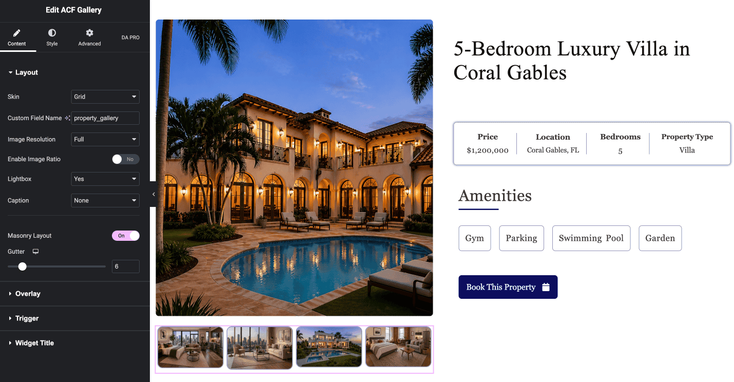 DA ACF Gallery widget settings with Custom Field Name and Lightbox configured