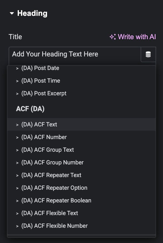 Elementor dynamic tag dropdown showing ACF DA group with all available tags