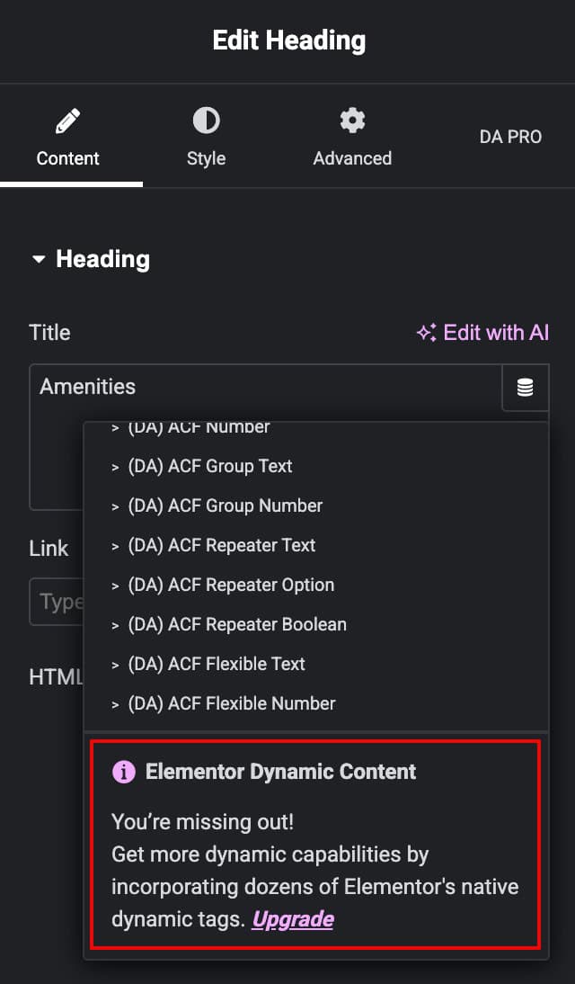 Elementor dynamic tag icon not available in free version requiring Elementor Pro