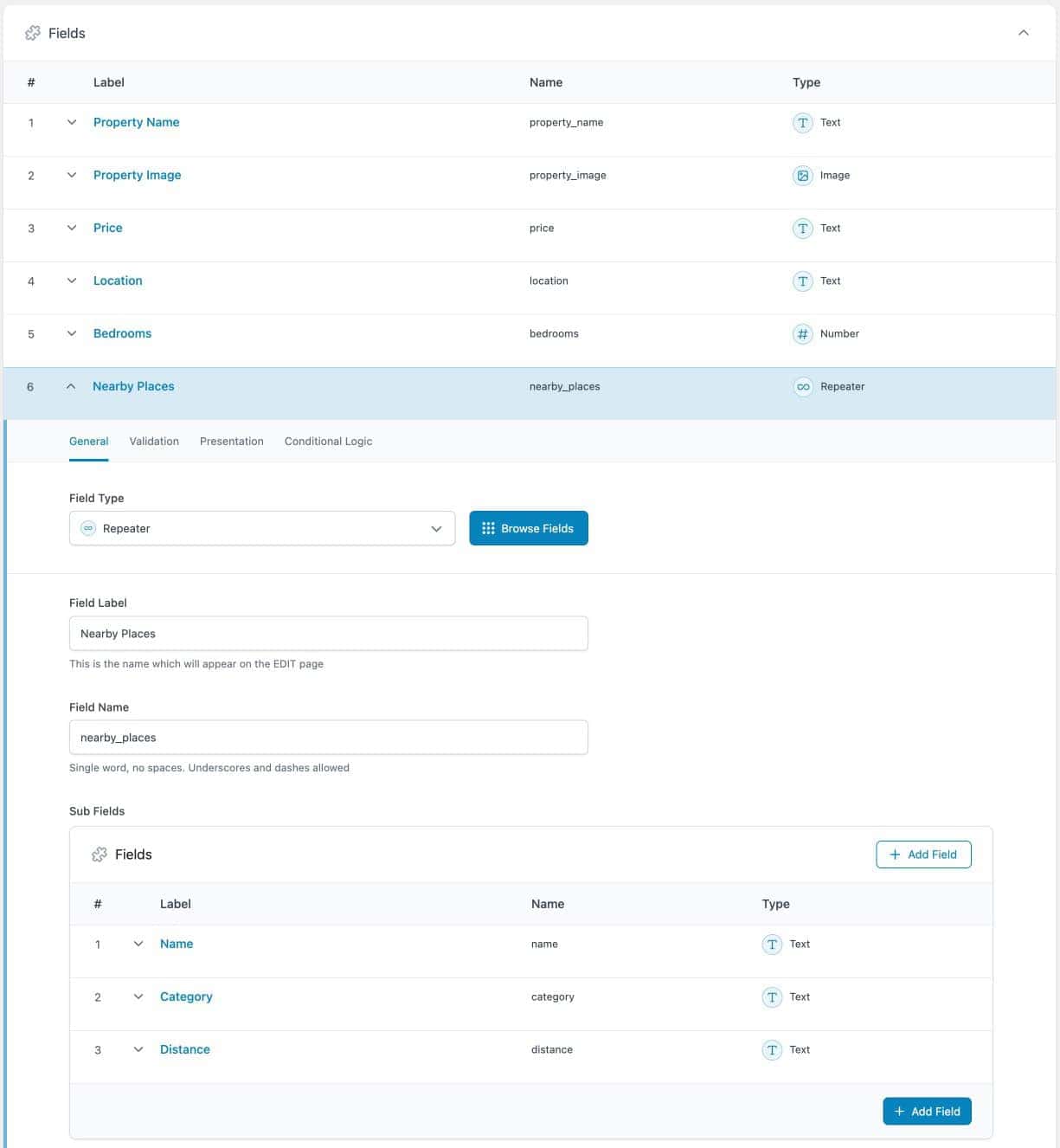 Creating repeater fields in ACF