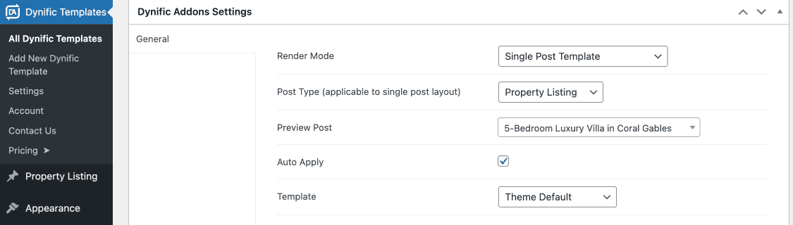 DA Template settings with Single Post Template type for Property Listing