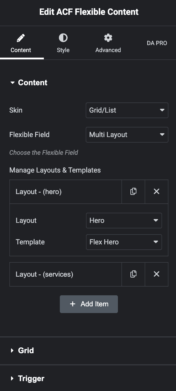 DA ACF Flexible Content widget showing layout to DA Template
mapping