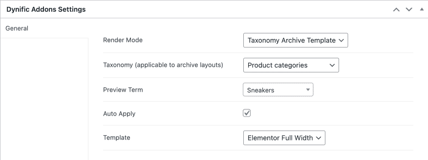 DA Template settings for WooCommerce product category page with Sneakers as Preview term
