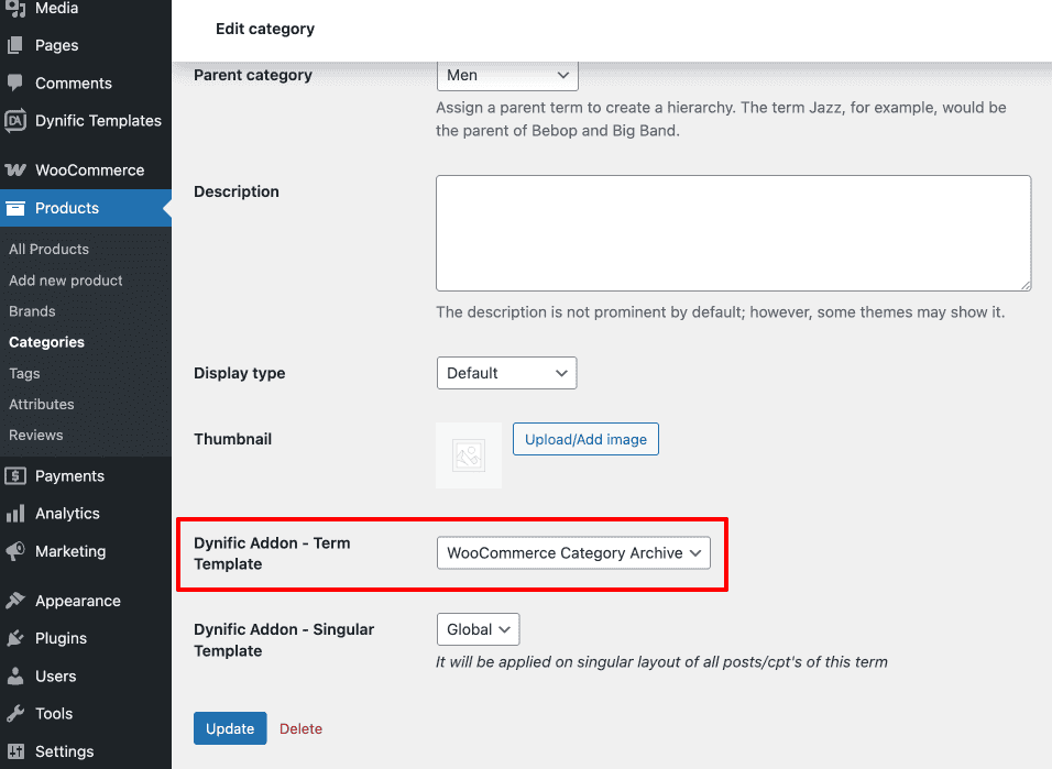 WooCommerce category edit screen showing DA Template field with WooCommerce Category Archive selected
