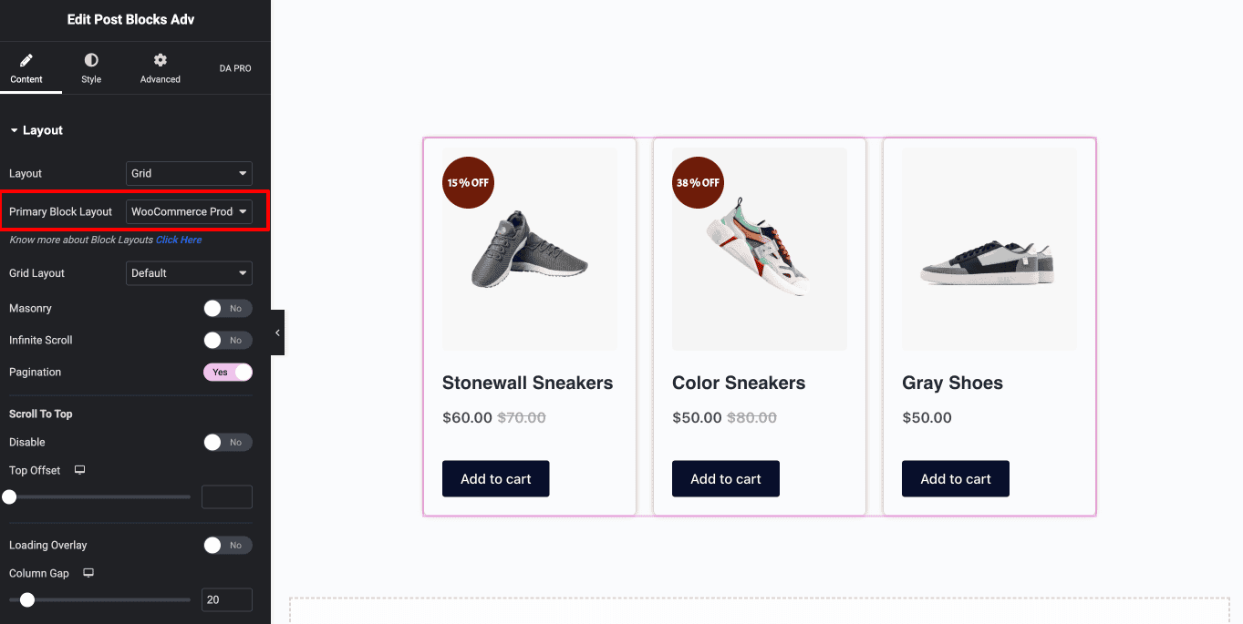 DA Post Blocks Adv widget settings with Grid skin WooCommerce Product Block layout and Current Archive source