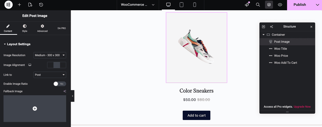 Elementor editor showing Women category product card with DA widgets