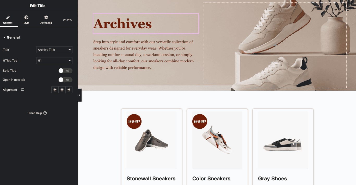 Elementor editor showing category page with DA Title, DA Post Content, and Category Image
