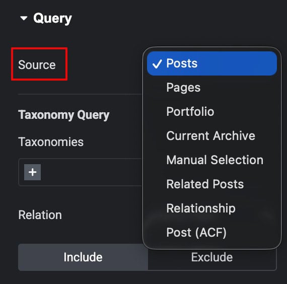 DA Post Blocks Adv Query section
showing Portfolio custom post type
selected as source