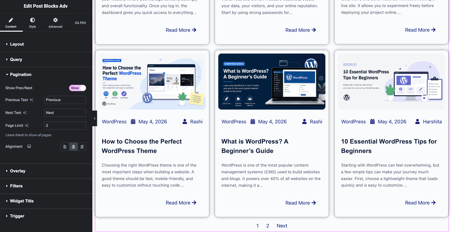 DA Post Blocks Adv Layout section
showing pagination