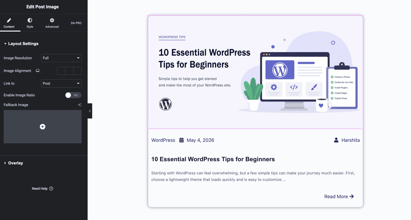 Elementor editor showing blog post card with DA widgets