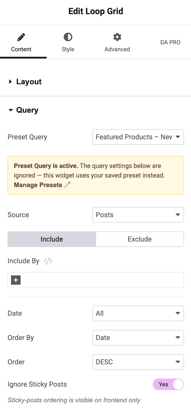 Use Preset Query in Loop Grid Elementor Widget