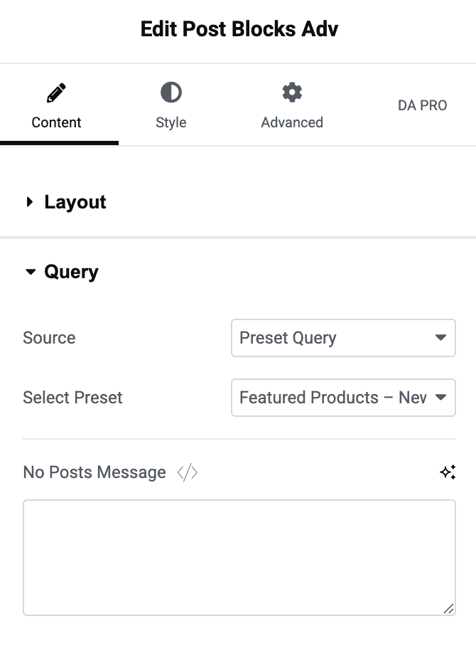 Use Preset Query in DA - Post Block Adv Widget