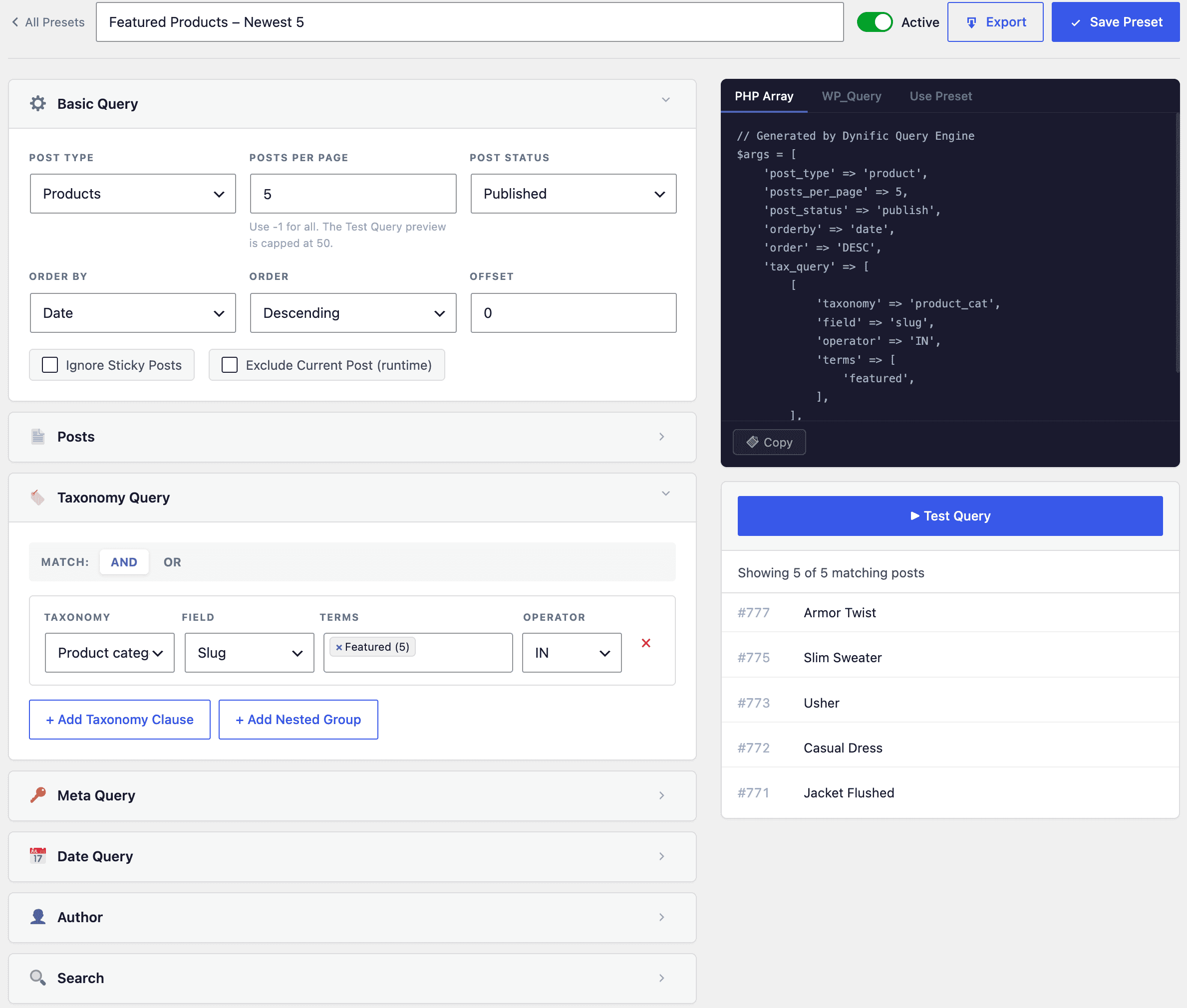 Create a Reusable Preset Query