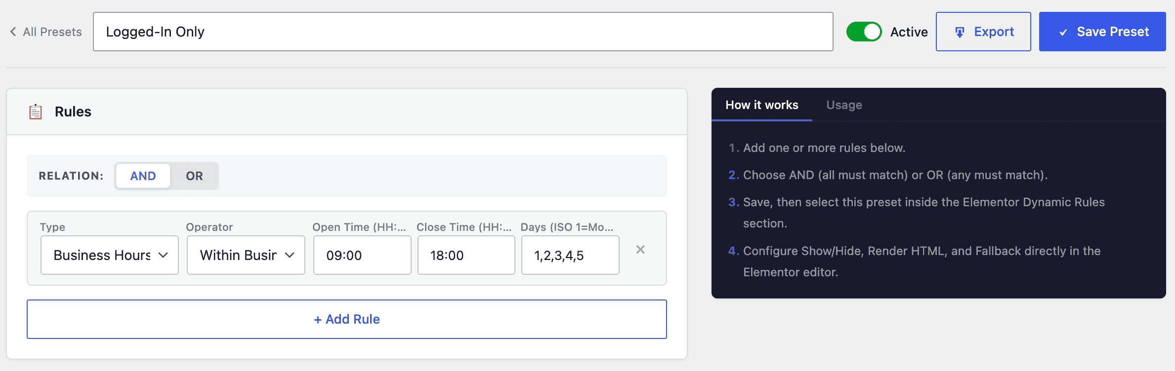 Create New Preset Rule to Hide Block Outside Business Hours