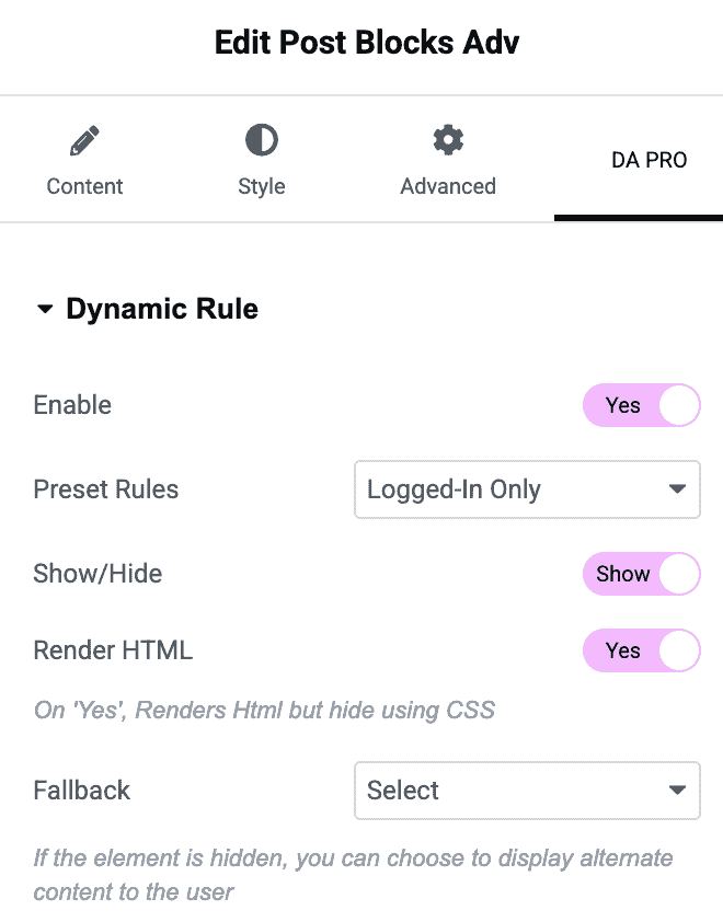 Apply Rule to Container or Widget Using Dynamic Rule Under DA Pro Tab