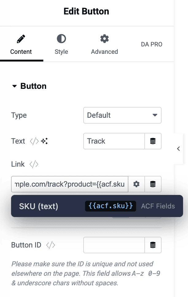 Using a token inside Button as Link Control