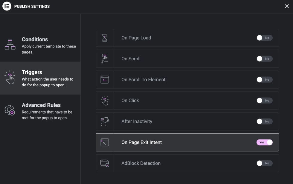 Elementor On Page Exit Intent Trigger Enabled