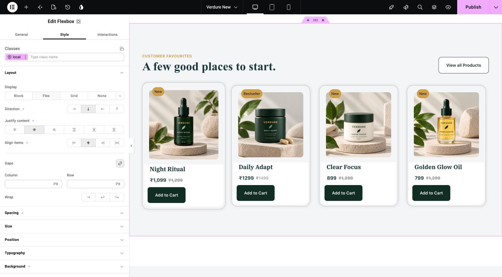 The Verdure homepage showing several product cards, all clearly using the same design